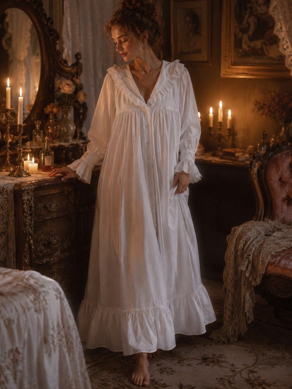 NWT Romantic White 100% Cotton Victorian Nightgown / Maxi Robe Ruffle Trim Large